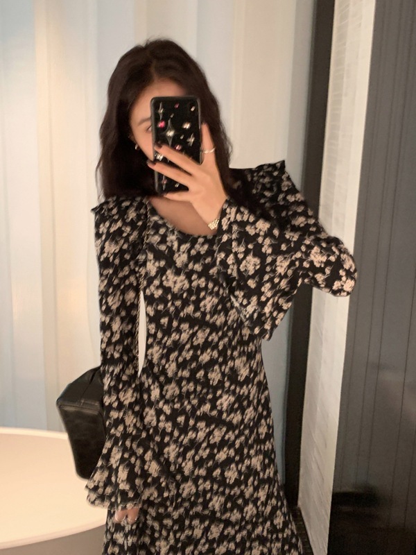 pusumede 法式碎花连衣裙女荷叶边设计感收腰气质鱼尾裙长款裙子|undefined