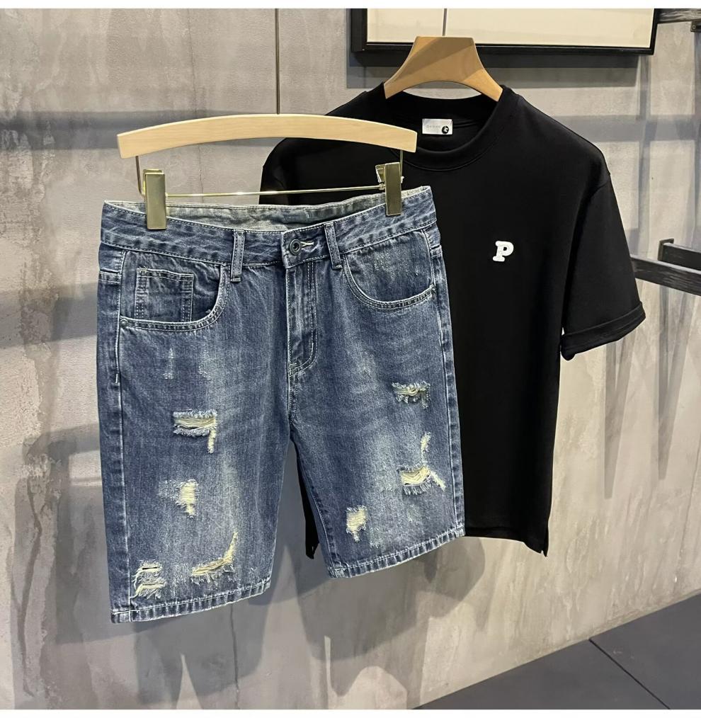 Men's Ripped Denim Shorts Casual Loose Fit Washed Perforated Straight Leg Mid Waist Trendy Summer Style Cotton Five Point Pants_mkmklike.com