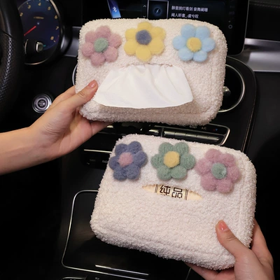 Simple Hanging Car Tissue Box, Car tissue box/set - flower-plush-shoulder-cover-white-tissue-box-style-b