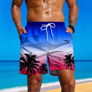 Cross-Border Retro Plant Pattern Beach Shorts Men's Coconut Tree 3D Swimming Trunks Summer Hawaiian Shorts Loose Board