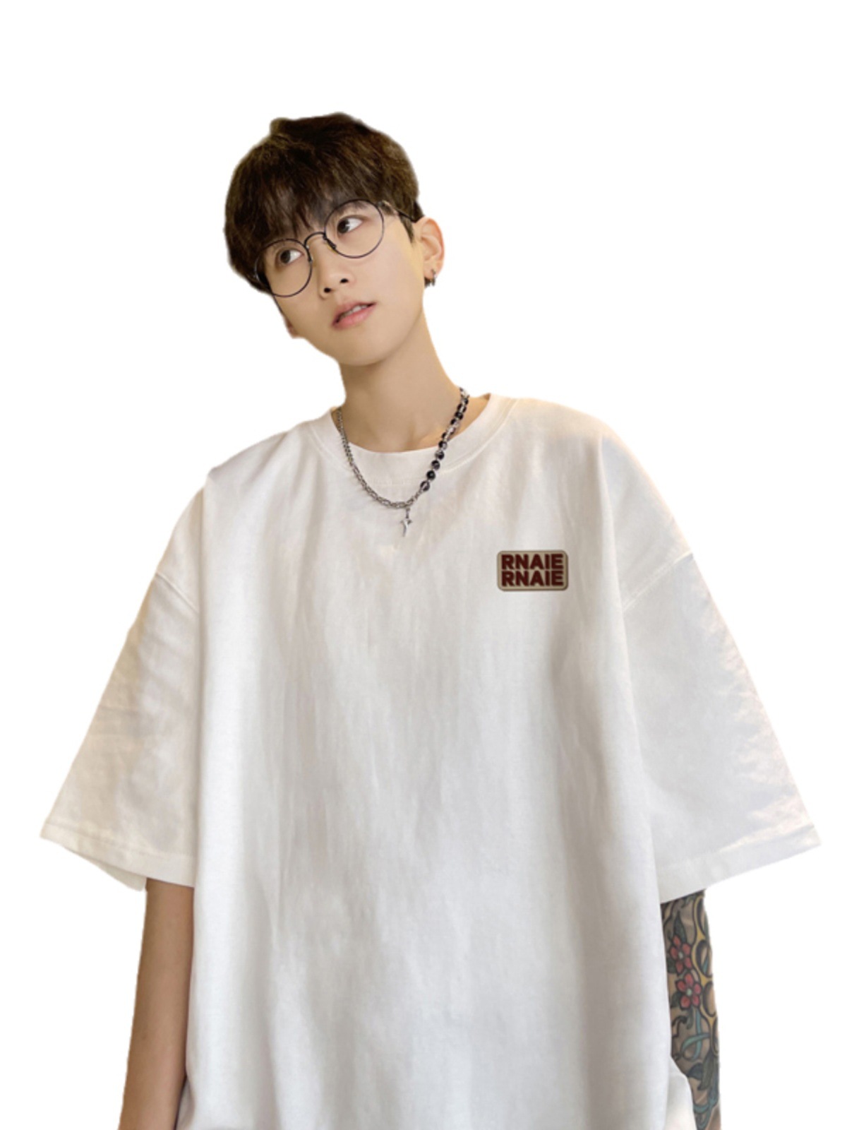 Marca de moda Otoño hombres de manga corta Camiseta de algodón de los hombres cuello redondo más tamaño de grasa suelta de manga corta azul oscuro 5 image 6
