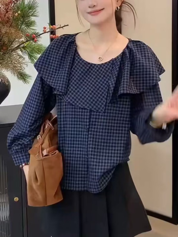 2025秋季新款法式复古格子荷叶边衬衫女设计感小众别致长袖上衣女|undefined