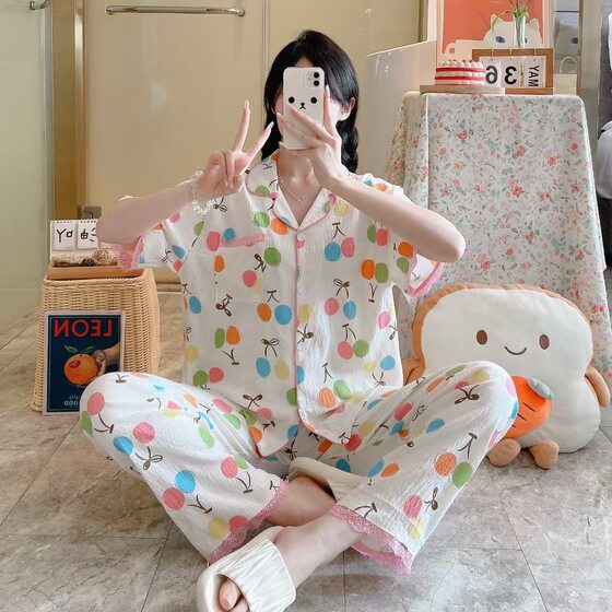 Live Cross-border Pajamas Women's Spring and Autumn Sweet Ins Style Cardigan Lace Short-sleeved Cloud Cotton Home Clothes Women's Suit