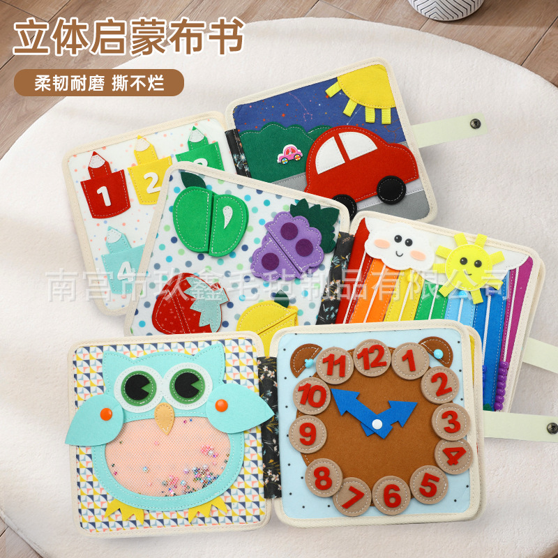 Educación temprana al por mayor fieltro libro tranquilo mano desgarrado velcro juguetes iluminación infantil puzzle libro ocupado estereoscópico manual