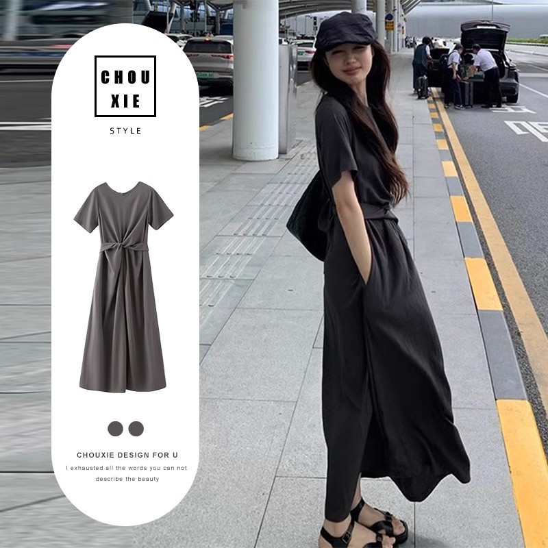 틈새 디자인 크로스 스트랩 짧은 소매 원피스 여름 여성의 우아한 하이 엔드 타이트 허리 슬리밍 A 라인 긴 스커트