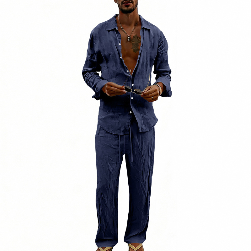 Herren Leinen Freizeithemd Und Hose Set Langarm Anzug_voghion.com
