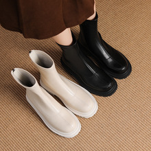 1801-1英倫風短靴女圓頭粗跟后拉鏈單靴切爾西靴短筒軟皮厚底2023
