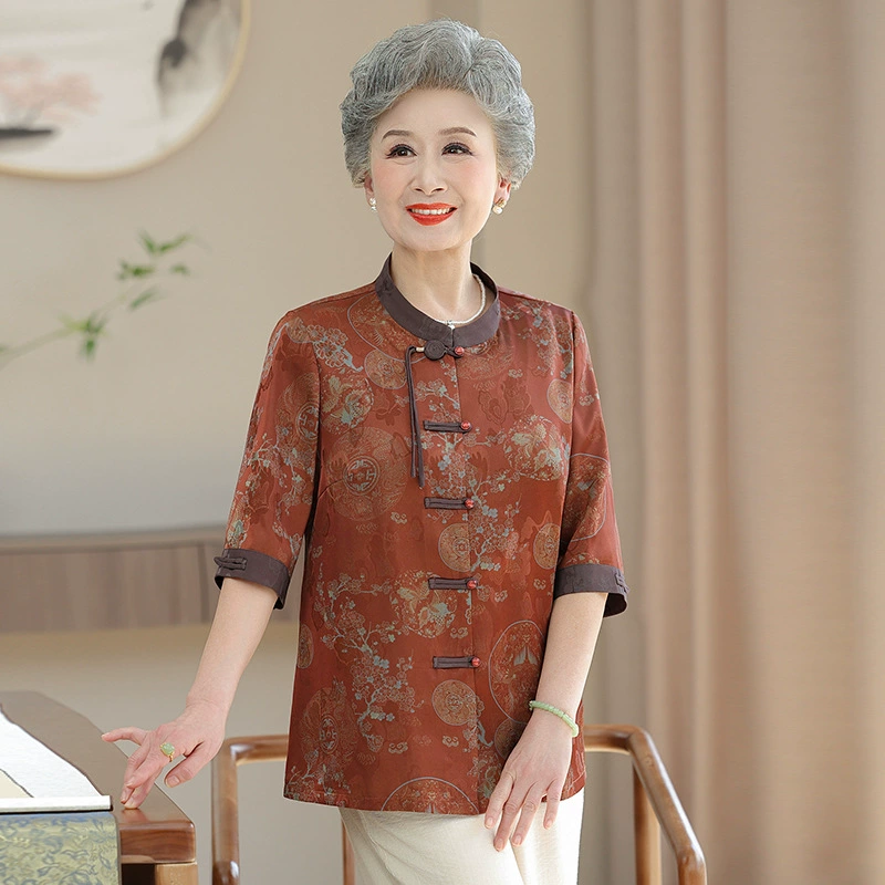 Бабушка летняя рубашка Новый китайский стиль Tang топ пожилая мама одежда летняя старушка рубашка