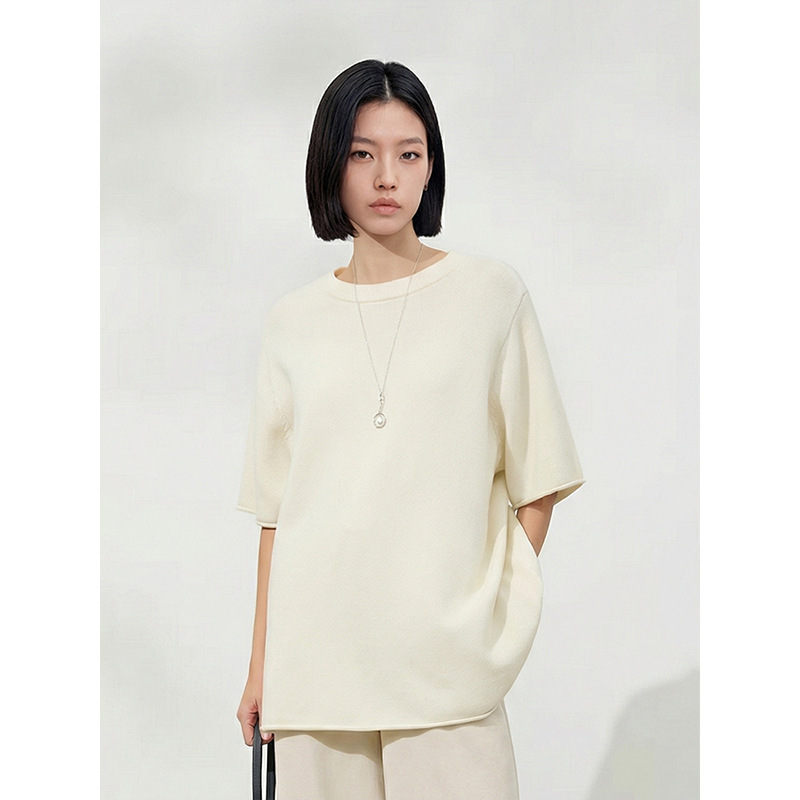 "White Dew" Seamless Integrated Round-Neck Rolled-Edge Mid-Length Knitted Short-Sleeve Loose Slimming T-Shirt Versatile Knit Top