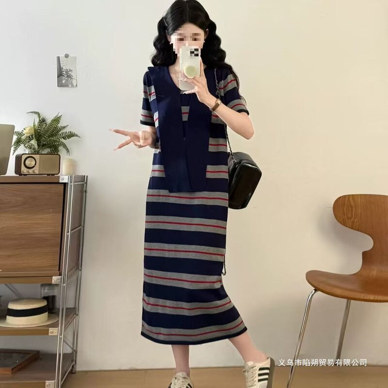 Korean-Style Navy Blue Striped Sailor Collar Dress for Women, Summer Loose Straight-Cut Slimming Versatile Casual Lazy Mid-Length Dress