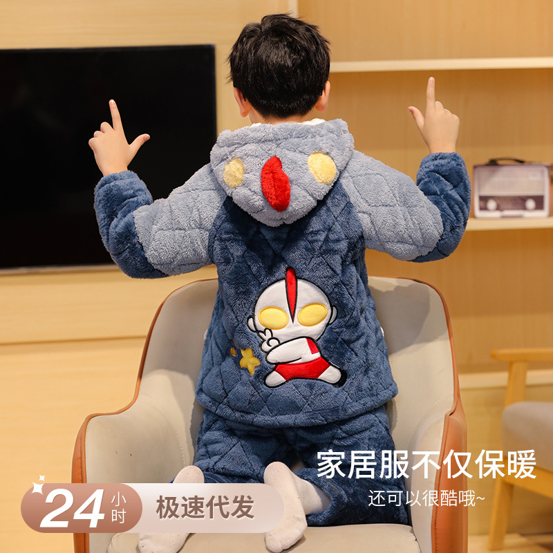 Children's pajamas Boys' winter thickened flannel three-layer quilted coral fleece cartoon Girls' Home wear (njb)