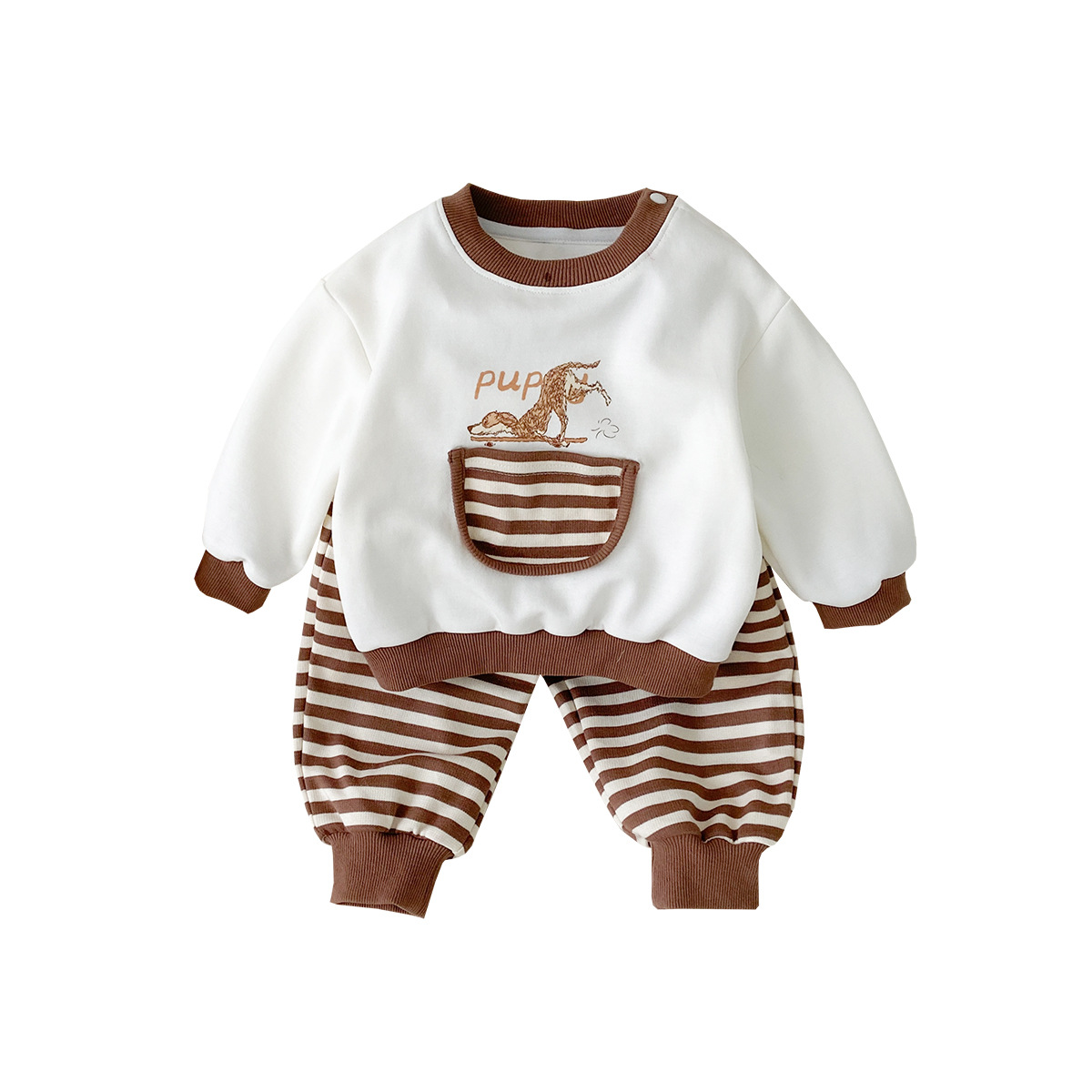 Versión coreana de primavera 2025 nuevo producto traje de bebé para hombre pantalones a rayas patineta de dibujos animados perro traje de dos piezas estilo de moda ropa de salida