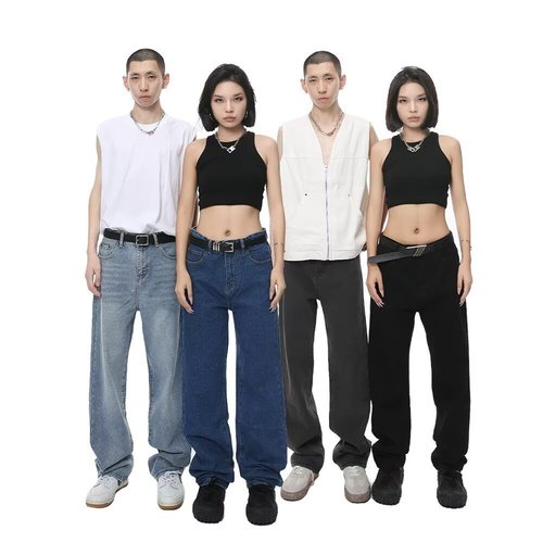 2025 New Korean Style Solid Color Simple Versatile Loose Straight Leg Jeans for Men and Women Couple Wear Mid-Waist Casual Long Pants