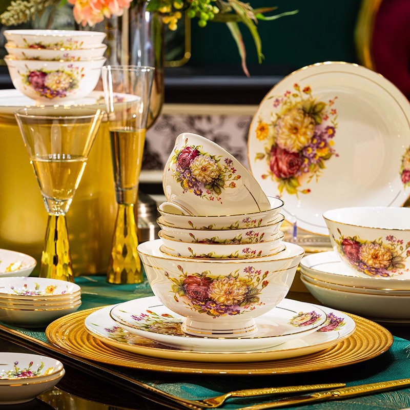 Single Product DIY Jingdezhen Bone China Plates, Dishes, Tableware, Household Dishes Set, Microwave Oven, Gold-Rimmed Dishwasher, Suitable