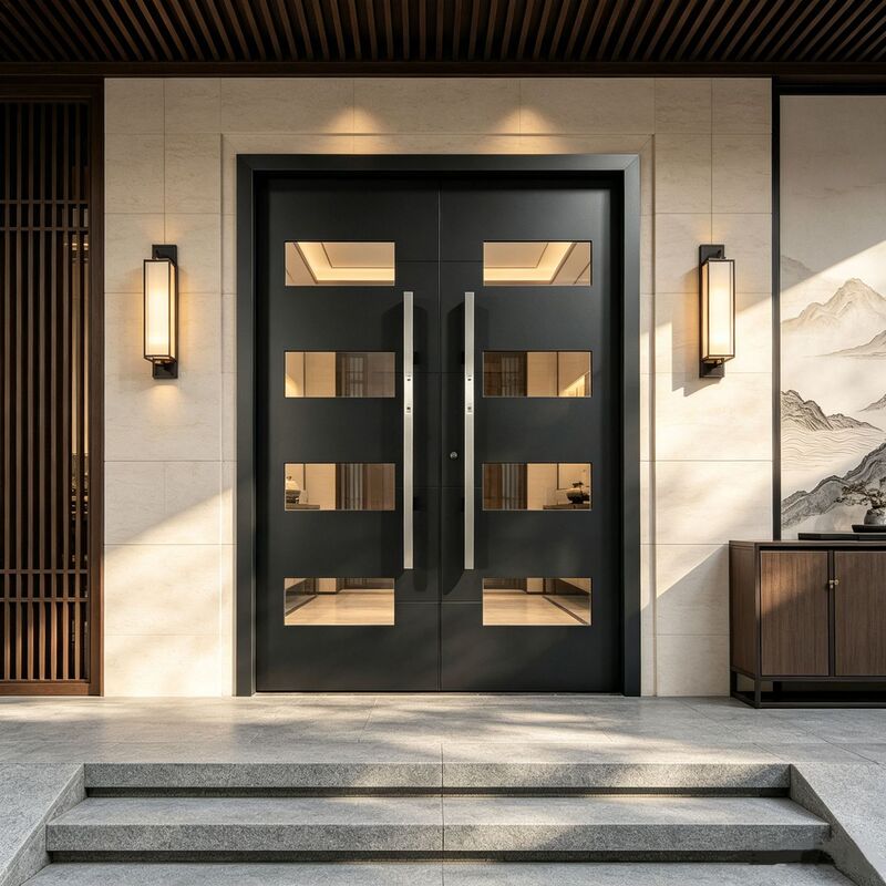 Modern minimalist villa double-opening door, black flat-panel spliced glass entrance door, light luxury aluminum art anti-theft door for export