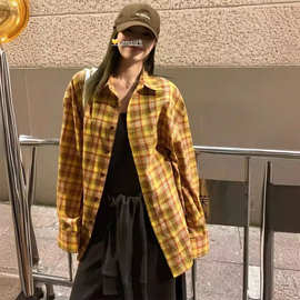 黄色格纹防晒衬衫女2024夏韩版宽松休闲衬衣美式复古长袖上衣外套