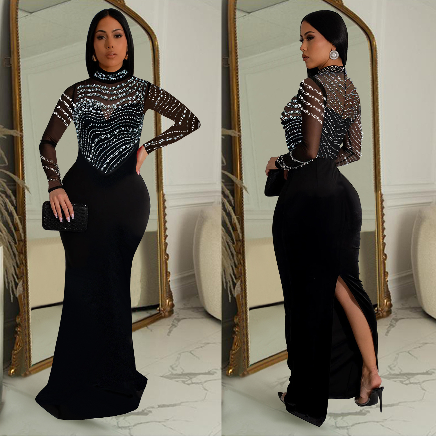C7043 Aliexpress transfronterizo Amazon estación independiente de moda europea y americana ropa de mujer de color sólido vestido largo de diamante caliente nuevo