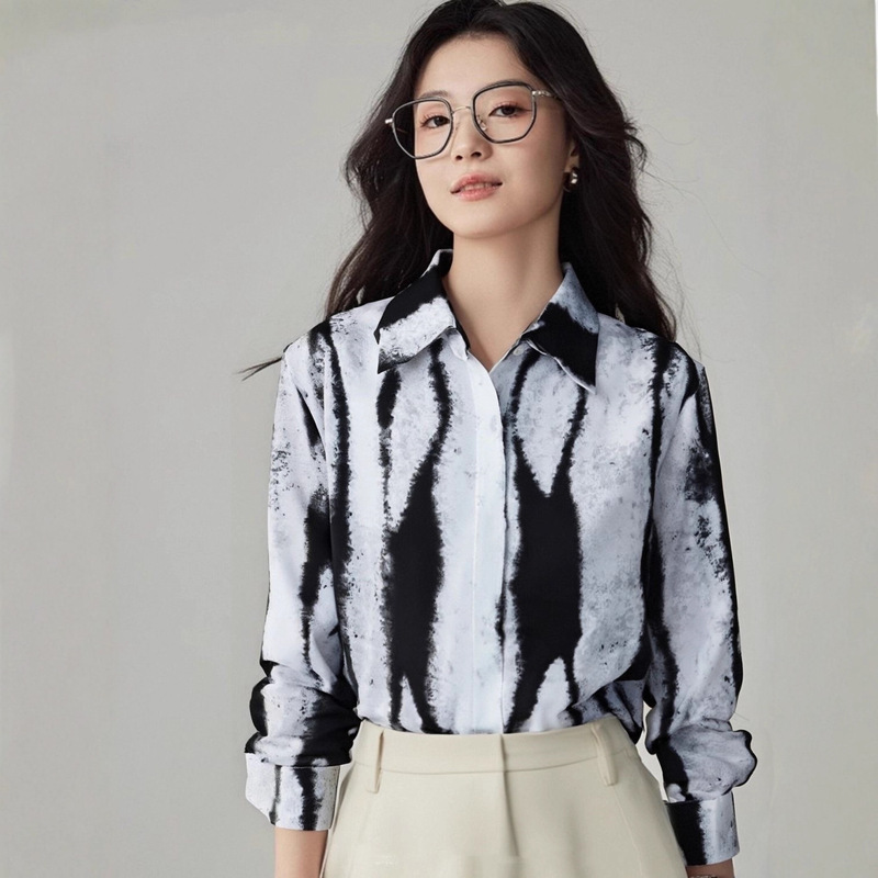 In-Stock Elegant Long-Sleeve Shirt, New Ink Wash Fashion Tie-Dye Shirt, Retro Print Hong Kong Style Loose Top