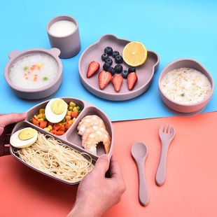 Baby's Silicone Food Supplementing Tableware Anti-fall Set Baby Learning to Eat Fork Spoon Tool Children's Non-slip Divided Dinner Plate