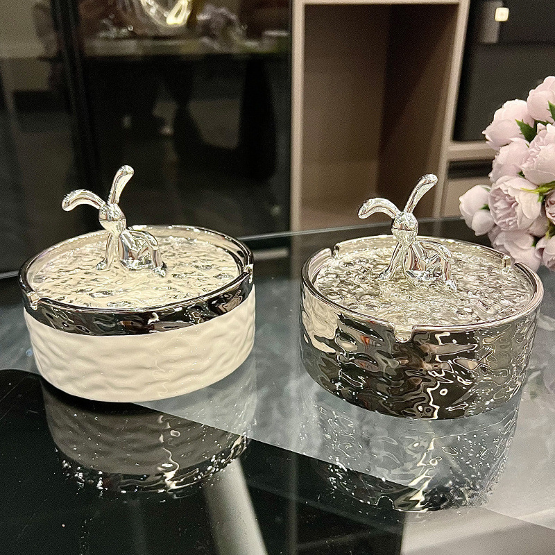 陶瓷烟灰缸带盖防飞灰家用客厅轻奢高颜值创意烟缸高级感奶油|undefined