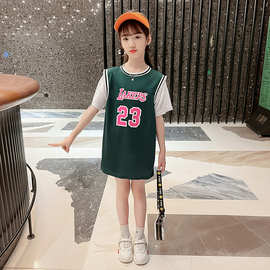 女童篮球服夏儿童洋气T恤裙中大童假两件连衣裙童装