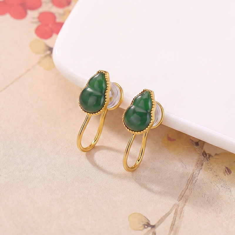 Bông tai bạc S925 mạ vàng đính đá hồ lô phong cách cổ điển, kẹp không xỏ lỗ — Loại bạc