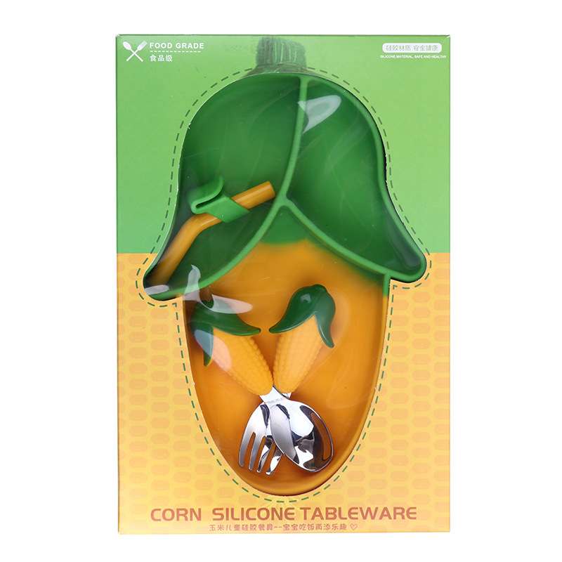 Compartimiento de los niños de dibujos animados plato de la cena babero del bebé de silicona cuchara de acero inoxidable Tenedor suplemento alimenticio para bebés vajilla traje