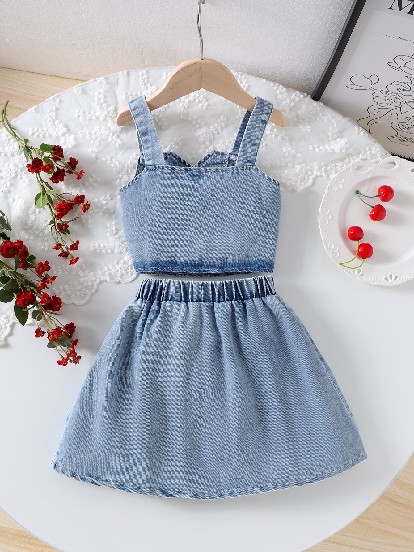 Besticktes Jeans Tanktop Und Rock Set Für Mädchen_voghion.com