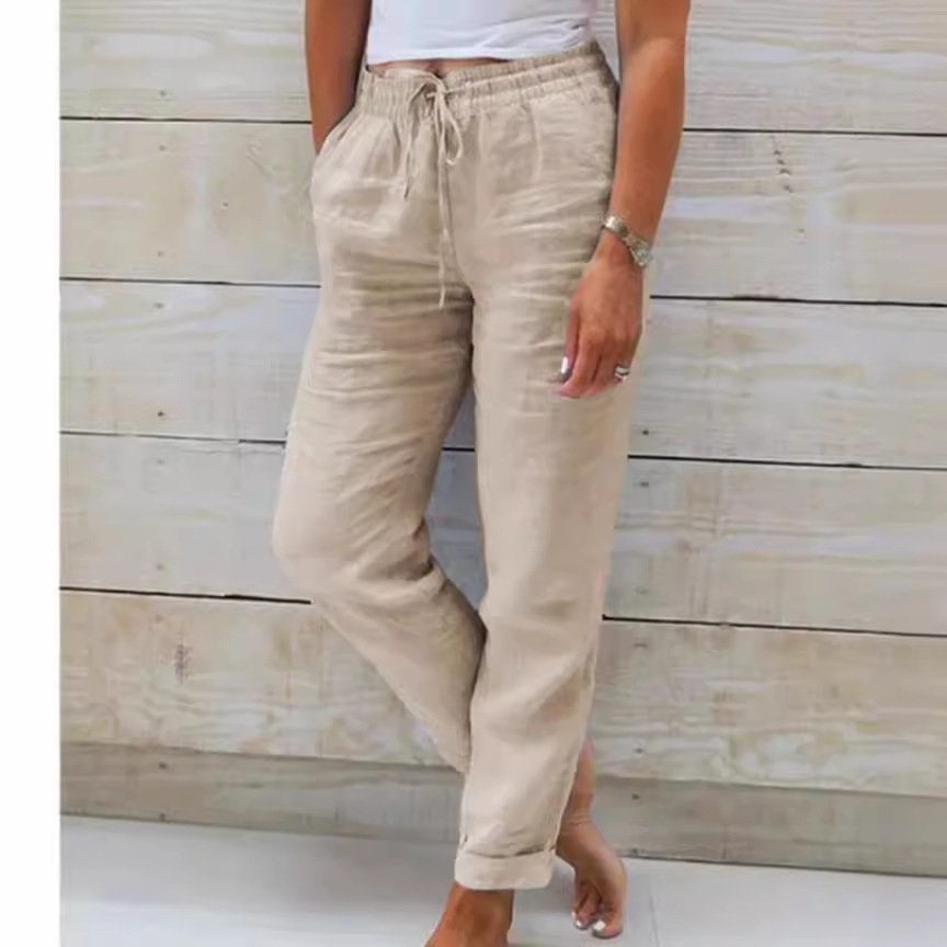 2023 europeo y americano transfronterizo nuevo comercio exterior Amazon deseo de cintura alta de las mujeres cintura elástica color sólido algodón y lino pantalones Casuales