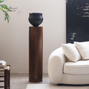 Middle Ancient Style Solid Wood Pier Base Round Pillar Sculpture Table Homestay Living Room Sofa Side Decorations Carbonized Wood Flower Ware