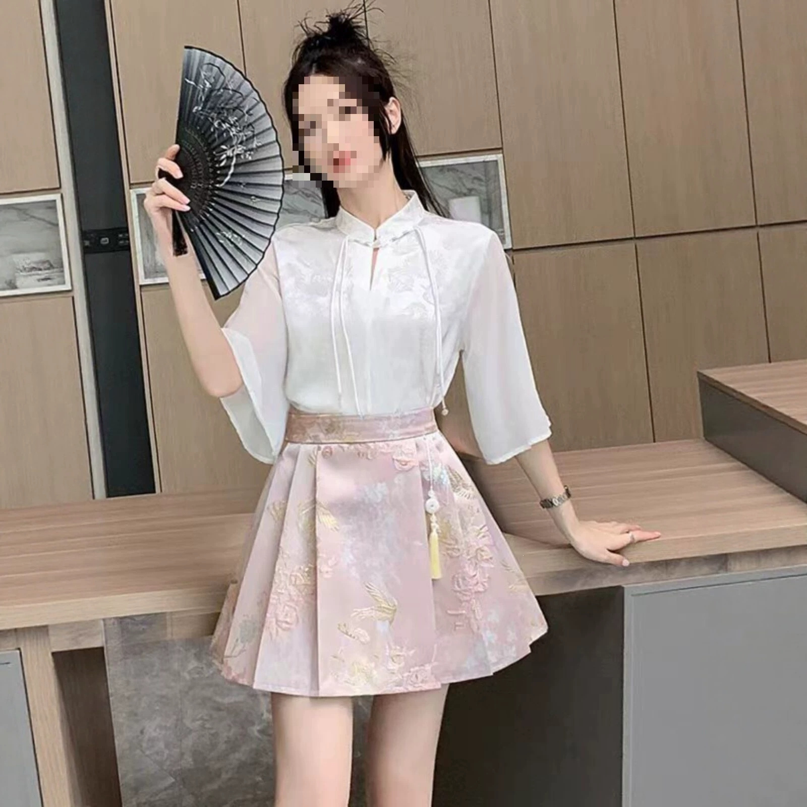 New Chinese-style slimming horsehair skirt, Chinese-style high-waisted pleated short skirt, summer vintage jacquard suit for women, new model