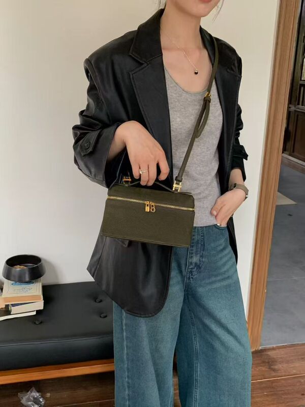 2025新款真皮女包LP饭盒包时尚简约单肩斜跨包平纹麂皮小方包银扣|undefined