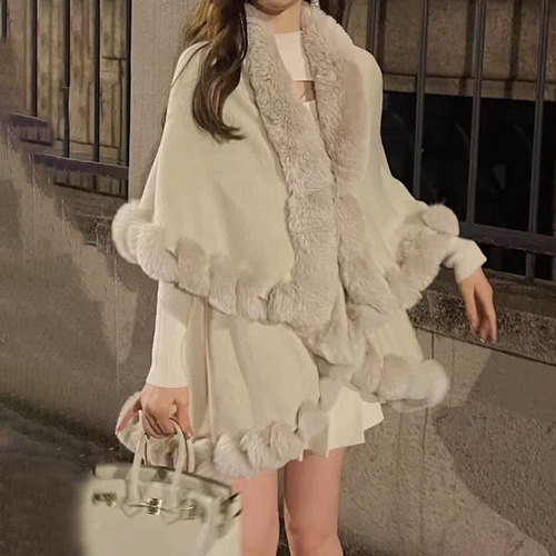 Live streaming supply autumn and winter mink fur collar cape shawl temperament plus-size knit sweater loose outerwear for women