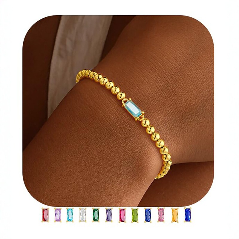 Women's Birthday Gift Bracelet Gold Round Beads Beaded Colorful Zircon Elastic Rope Bracelet Birthstone Gold Bead Bracelet