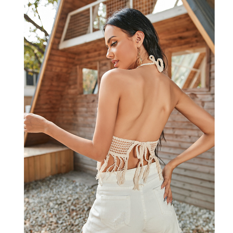 hand hook solid color hollow mesh tassel hanging neck back strap beachwear top NSCYG125887