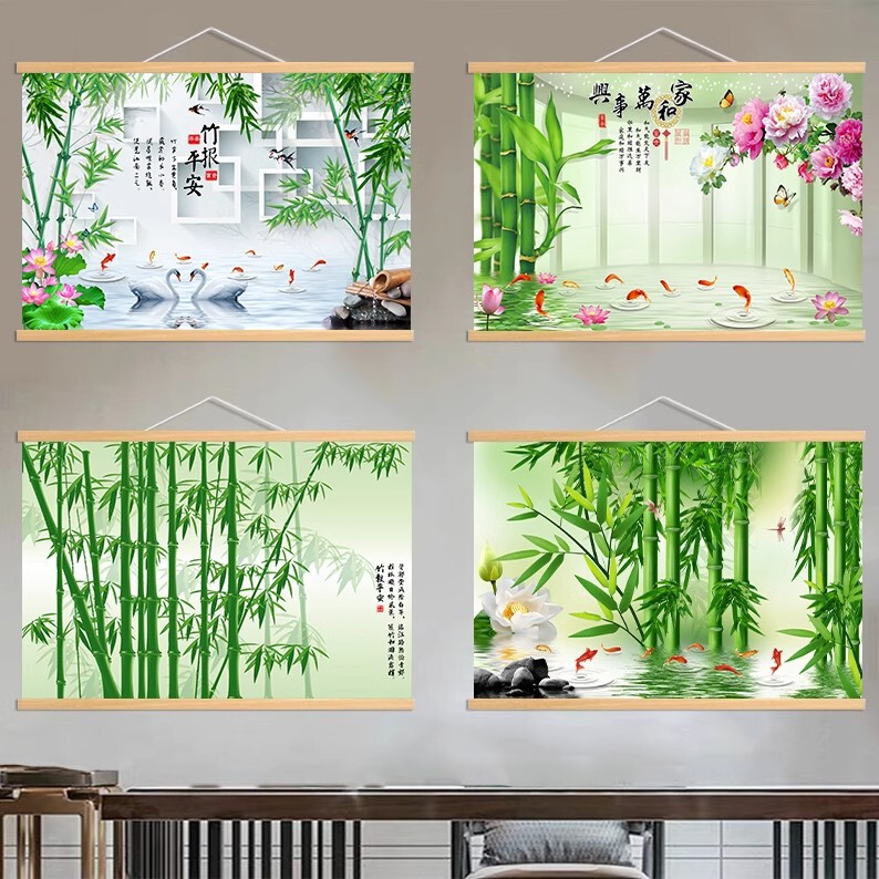 Bamboo Brings Peace Living Room Sofa Background Wall Decorative Painting Bamboo Landscape Lotus Nine-Fish Painting Electric Meter Box Cover Hanging Painting Bamboo Brings Peace Living Room Sofa Background Wall Decorative Painting Bamboo Landscape Lotus Nine-Fish Painting Electric Meter Box Cover Hanging Painting