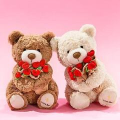国境を越えたバラを抱えたクマの人形、クマのぬいぐるみ、テディベア人形、バレンタインデーのギフト、卸売および配送
