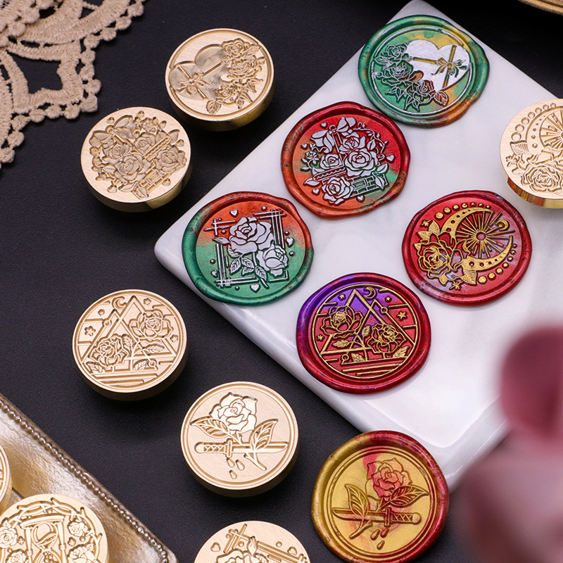 Cabezal de sello de pintura de fuego europea, serie de jardín de rosas, pintura de fuego, cabeza de cobre, sobre, cera de sellado, producto terminado, cabezal de impresión de imagen listo