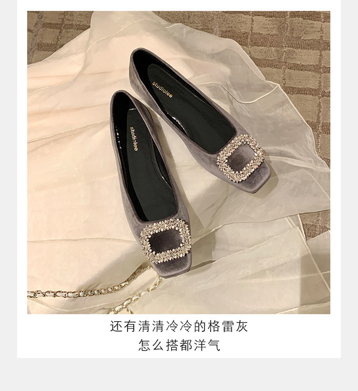 羊皮版~葡萄妈秋新款贵气闪闪钻扣圆头高跟鞋粗跟绒面浅口单鞋女|undefined