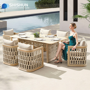 Outdoor Tables and Chairs, Courtyard Balcony, Teak Dining Table, B&B Garden, Outdoor House Terrace, Solid Wood Rope Chair Combination Furniture
