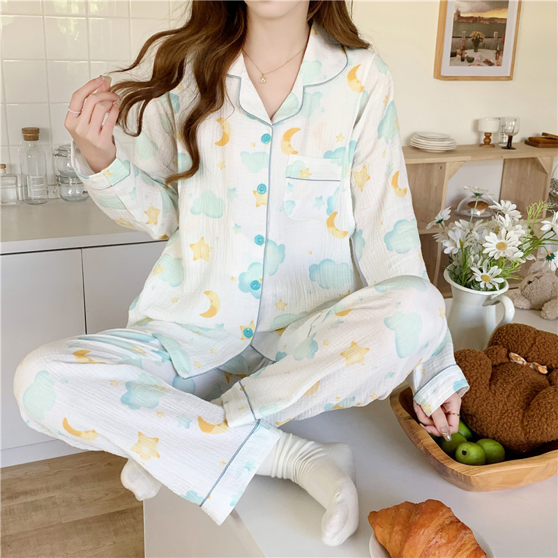 202 4 meses de edad, pijama de primavera y verano de las mujeres de manga larga de enfermería antes y después del parto gasa de algodón traje de desgaste para el hogar
