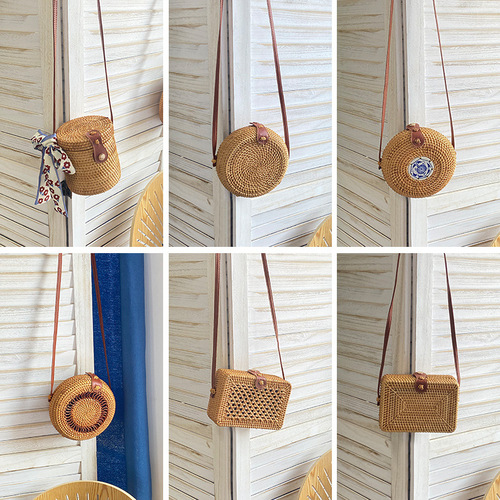Wholesale rattan bag ins cross-body mini bag Forest basket retro literary hand-woven shoulder leather buckle bag