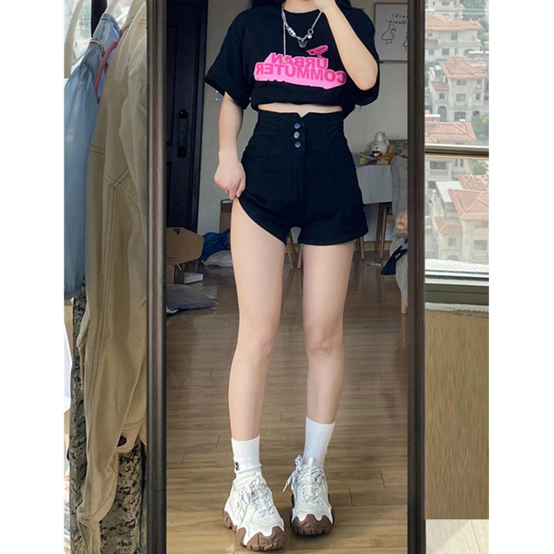 블랙 플러스 사이즈 슬림 룩 높은 허리 데님 반바지 여자 2024 여름 불규칙한 디자인 감각 A-워드