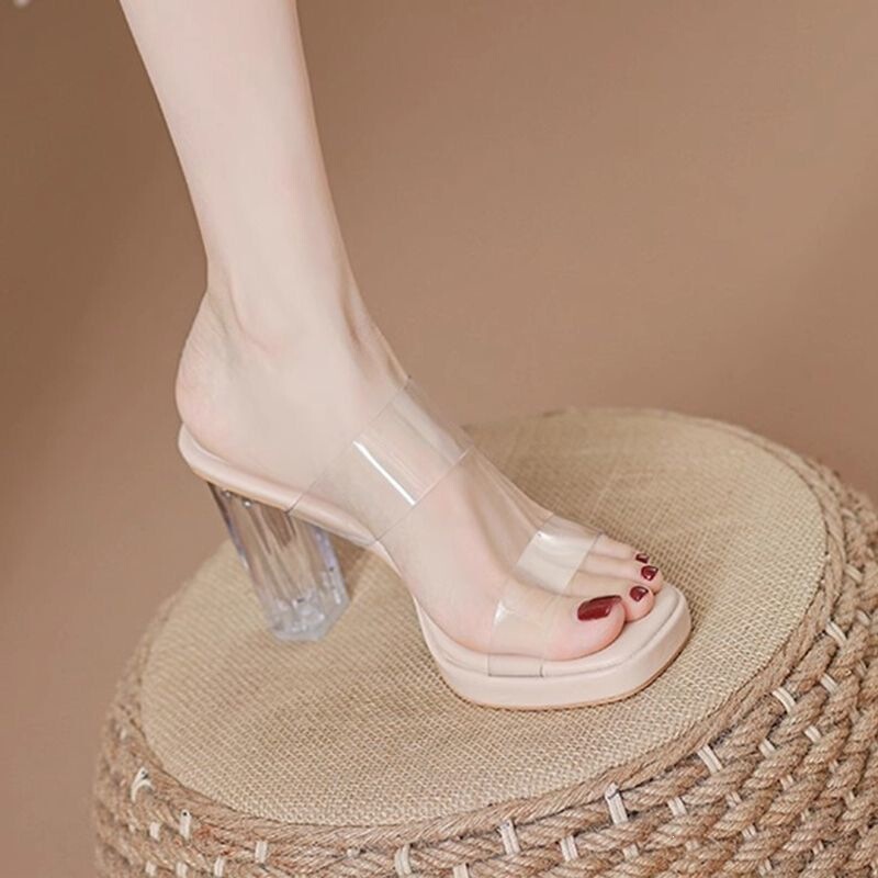 Sandals for Women, Summer Transparent One-Strap High-Heeled Sandals for Women, Thick-Soled Waterproof Platform Crystal Thick-Heeled Sandals for Women