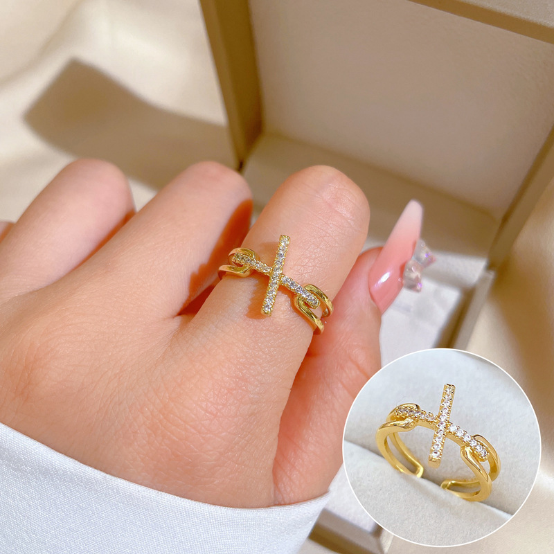 Offener Kreuzring für Damen, leicht eingelegt, luxuriöser Ring für den Zeigefinger, Internet-Prominenter, kalter Wind_voghion.com