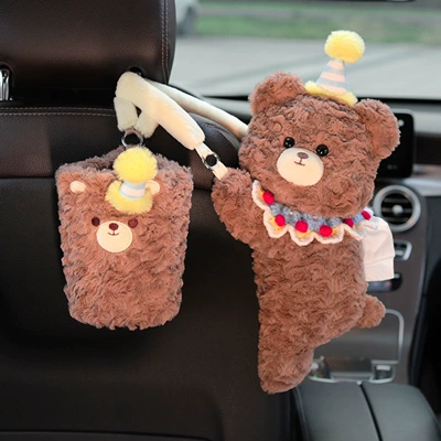 or backrest — Car tissue box/set - hat-wearing-bear-pom-pom-bib-tissue-box-trash-can