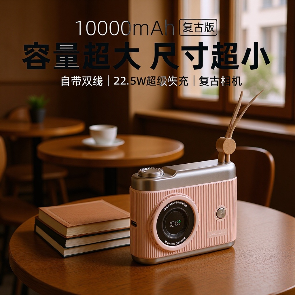 Shuji Retro Mini Camera Power Bank 10000Mah with Built-In Cable, Fast Charging 22.5W, Dual Cable Included, Ce Certified