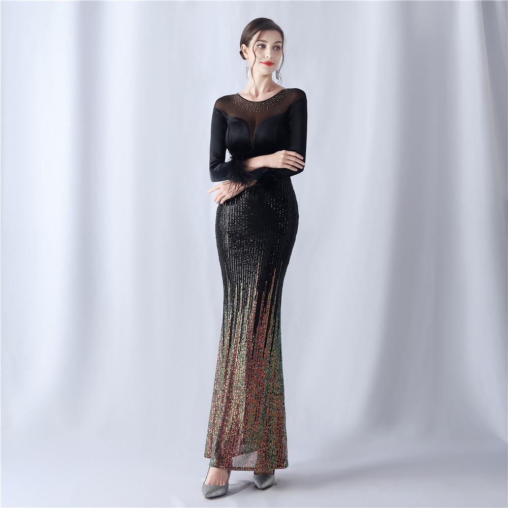 Women's gradient beaded diamond velvet high-end evening dress_voghion.com