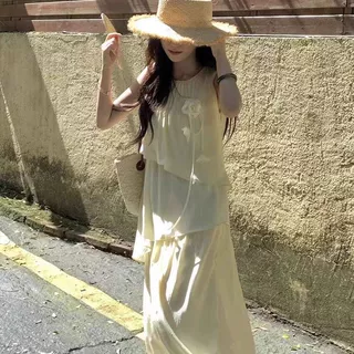 欧美跨境外贸不规则层荷叶边雪纺连衣裙女夏季宽松遮肚无袖背心裙