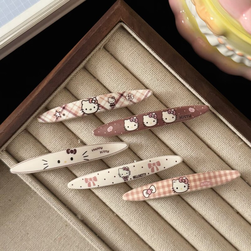 Autumn New Coffee Color Cat Plaid Oval Hairpin Cartoon Sweet Girly Style Bangs Hairpin Hair Accessories Wholesale